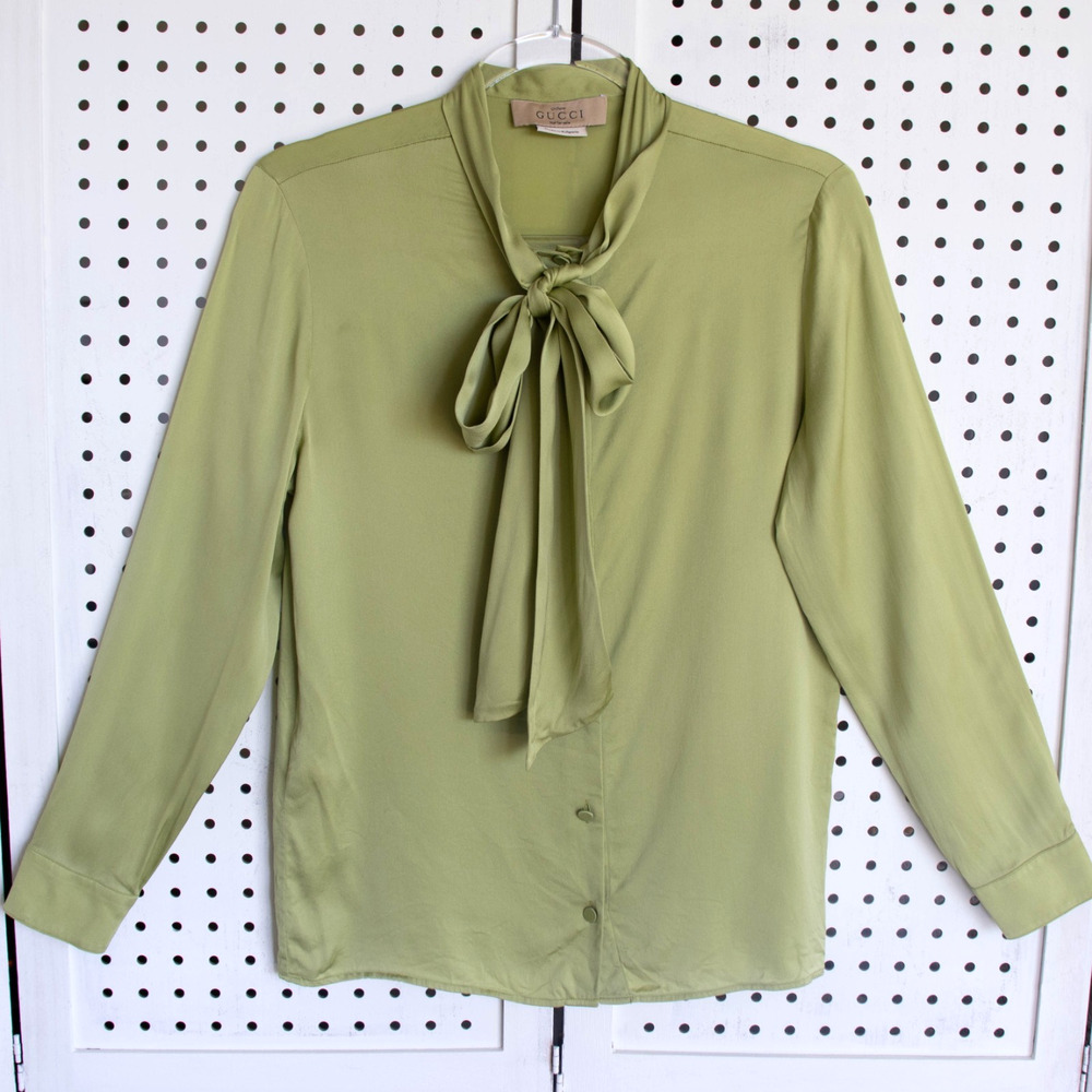 Gucci Uniform SILK Womens SIZE 34 Top Tie Neck Blouse Green LS